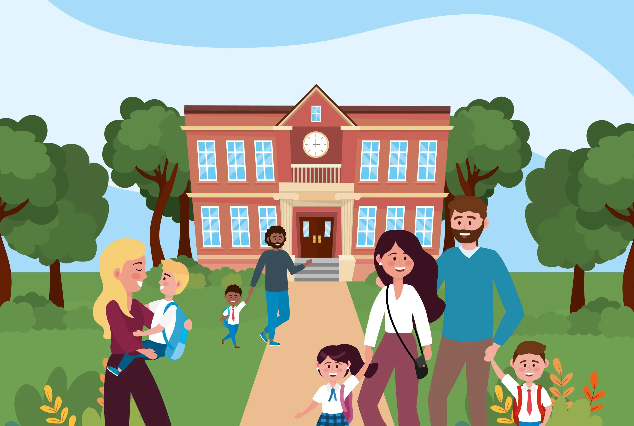 mothers and father with their boys and girls students in the school with trees and plants vector illustration